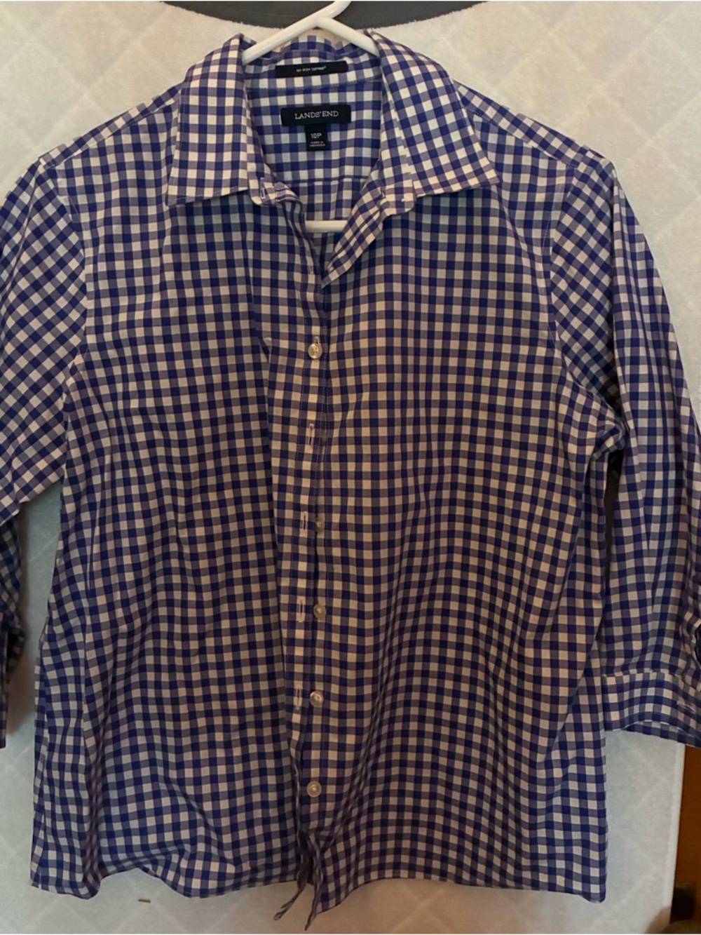 Lands' End Women’s Navy and White Gingham Button-Down Shirt